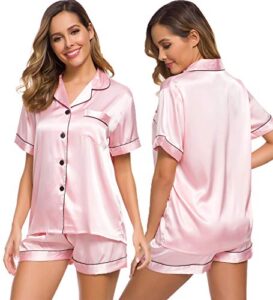 swomog womens silk satin pajamas set two-piece pj sets sleepwear loungewear button-down pj sets