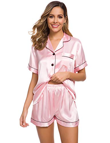 SWOMOG Womens Silk Satin Pajamas Set Two-Piece Pj Sets Sleepwear Loungewear Button-Down Pj Sets