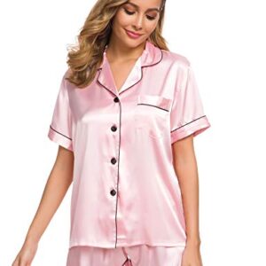 SWOMOG Womens Silk Satin Pajamas Set Two-Piece Pj Sets Sleepwear Loungewear Button-Down Pj Sets