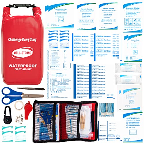 WELL-STRONG Waterproof First Aid Kit Roll Top Boat Emergency Kit with Waterproof Contents for Fishing Kayaking Boating Swimming Camping Rafting Beach Red