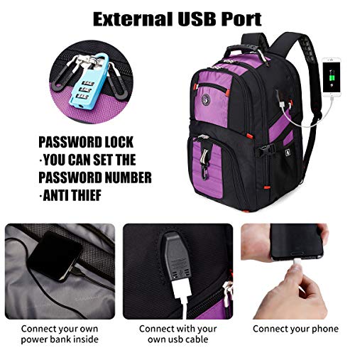 SHRRADOO Extra Large 52L Travel Laptop Backpack with USB Charging Port, College Backpack Airline Approved Business Work Bag Fit 17 Inch Laptops for Men Women,Purple