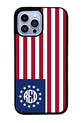 Betsy Ross Flag Personalized Monogram Apple iPhone Black Rubber Phone Case Compatible with iPhone 14 Pro Max, Pro, Max, iPhone 13 Pro Max Mini, 12 Pro Max Mini, 11 Pro Max X XS Max XR 8 7 Plus