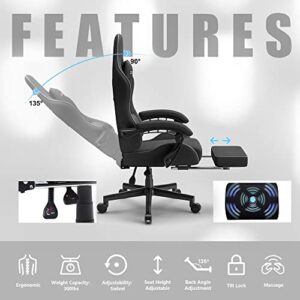 Dowinx Gaming Chair Fabric with Pocket Spring Cushion, Massage Game Chair Cloth with Headrest, Ergonomic Computer Chair with Footrest 290LBS, Black