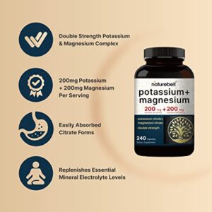 Potassium Magnesium Supplement – Potassium 200mg + Magnesium 200mg | 240 Capsules – Easily Absorbed Potassium Citrate & Magnesium Citrate – Muscle, Bone, & Heart Health Support – Non-GMO