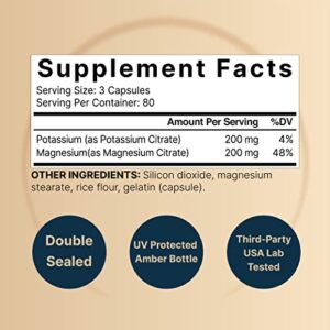 Potassium Magnesium Supplement – Potassium 200mg + Magnesium 200mg | 240 Capsules – Easily Absorbed Potassium Citrate & Magnesium Citrate – Muscle, Bone, & Heart Health Support – Non-GMO