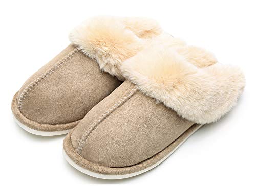 Epsion Womens Winter Warm Slipper Faux Fur Fluffy Slip-On House Slippers Suede Plush Lined/Anti-Skid Sole Indoor Outdoor