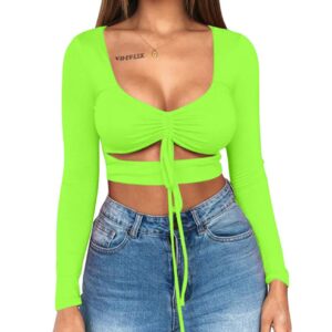 Mizoci Women's Sexy Ruched Tie Up Crop Top Basic Long Sleeve Cut Out T Shirt,Small,Light Green