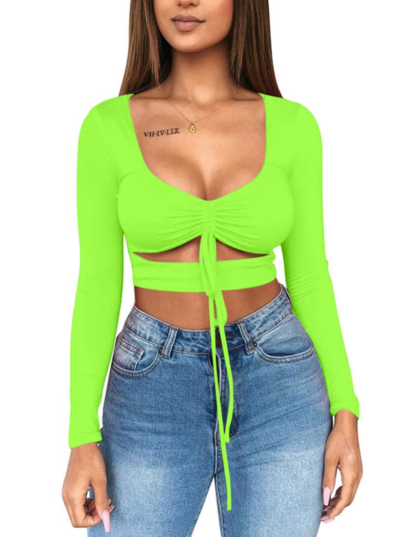 Mizoci Women's Sexy Ruched Tie Up Crop Top Basic Long Sleeve Cut Out T Shirt,Small,Light Green