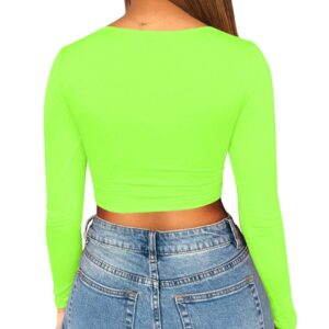 Mizoci Women's Sexy Ruched Tie Up Crop Top Basic Long Sleeve Cut Out T Shirt,Small,Light Green