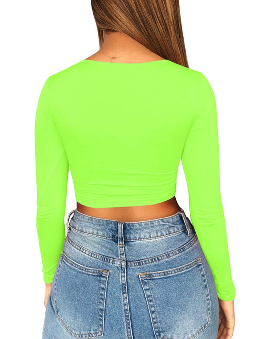 Mizoci Women's Sexy Ruched Tie Up Crop Top Basic Long Sleeve Cut Out T Shirt,Small,Light Green