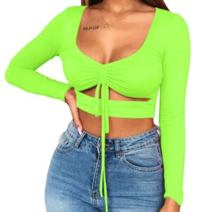 Mizoci Women's Sexy Ruched Tie Up Crop Top Basic Long Sleeve Cut Out T Shirt,Small,Light Green