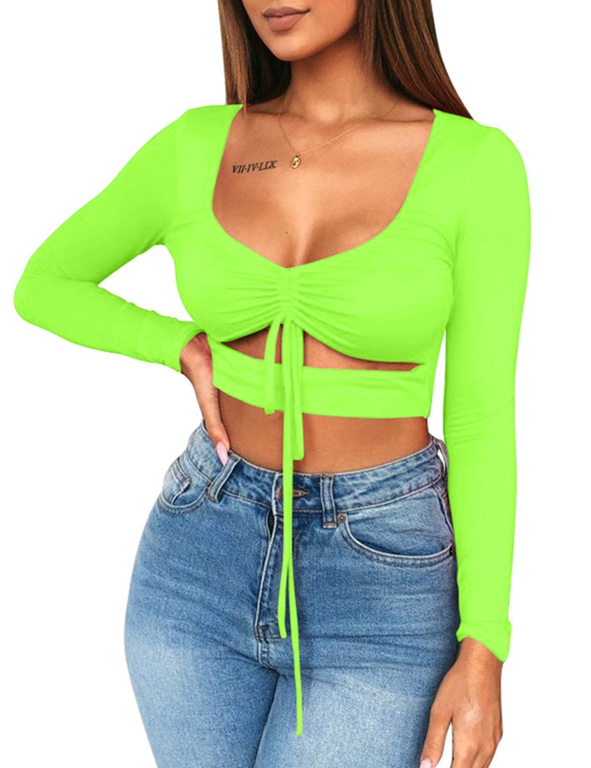 Mizoci Women's Sexy Ruched Tie Up Crop Top Basic Long Sleeve Cut Out T Shirt,Small,Light Green