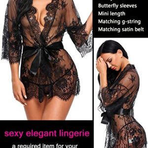 Avidlove sexy lingerie for women plus size Women's Lace Kimono Robe Babydoll Lingerie Nightgown Cover Ups Sheer Gown Nightwear (XXXL Black)