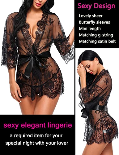 Avidlove sexy lingerie for women plus size Women's Lace Kimono Robe Babydoll Lingerie Nightgown Cover Ups Sheer Gown Nightwear (XXXL Black)