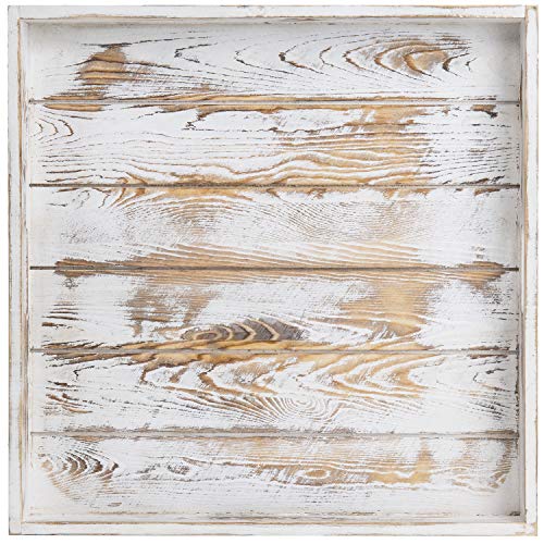 MyGift Whitewashed Wood Large Serving Tray with Handles, 19 Inch Square Decorative Tray for Ottoman, Breakfast, Tea, Coffee Table