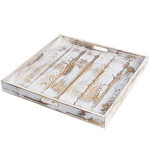 MyGift Whitewashed Wood Large Serving Tray with Handles, 19 Inch Square Decorative Tray for Ottoman, Breakfast, Tea, Coffee Table