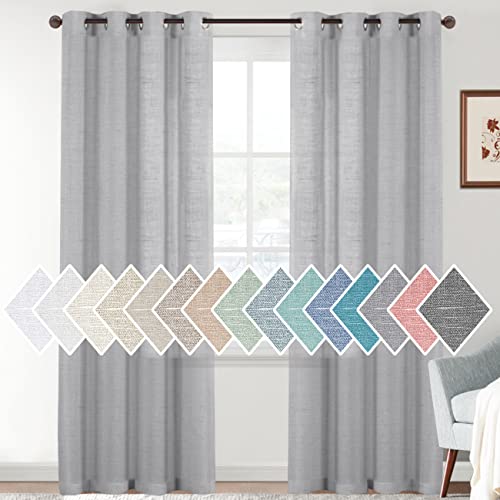 Linen Sheer Curtains 84 Inches Long Semi Sheer Gray Curtains - Privacy Added Silver Grommet Linen Curtain Panels for Living Room/Bedroom Light Filtering Curtains (52"W x 84"L, 2 Panels)