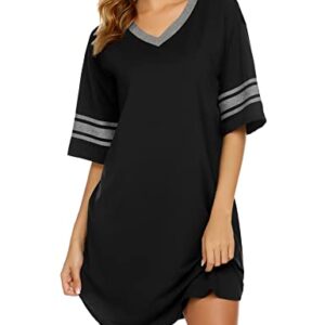 Ekouaer Womens, Nightgown Nightshirt, Cotton Novelty Sleepshirts, V Neck, Short Sleeve, Loose Comfy Pajama Sleepwear, A_a_black, X-Large