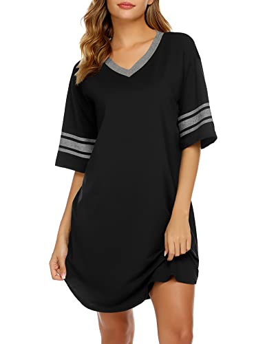 Ekouaer Womens, Nightgown Nightshirt, Cotton Novelty Sleepshirts, V Neck, Short Sleeve, Loose Comfy Pajama Sleepwear, A_a_black, X-Large