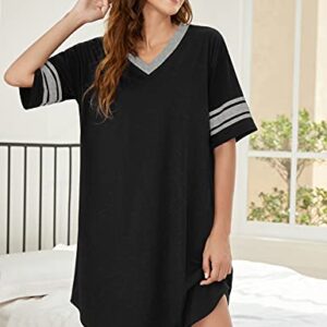 Ekouaer Womens, Nightgown Nightshirt, Cotton Novelty Sleepshirts, V Neck, Short Sleeve, Loose Comfy Pajama Sleepwear, A_a_black, X-Large