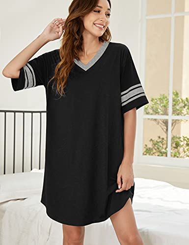 Ekouaer Womens, Nightgown Nightshirt, Cotton Novelty Sleepshirts, V Neck, Short Sleeve, Loose Comfy Pajama Sleepwear, A_a_black, X-Large