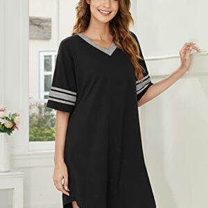 Ekouaer Womens, Nightgown Nightshirt, Cotton Novelty Sleepshirts, V Neck, Short Sleeve, Loose Comfy Pajama Sleepwear, A_a_black, X-Large