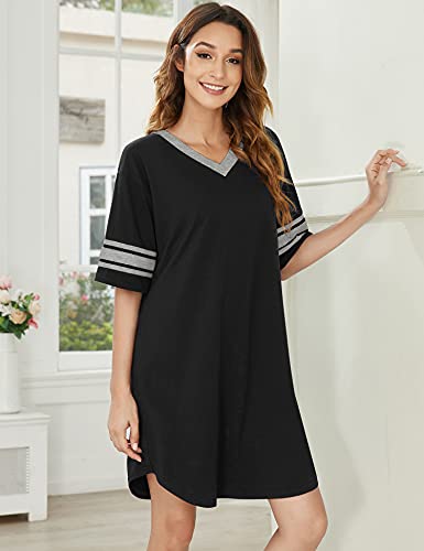 Ekouaer Womens, Nightgown Nightshirt, Cotton Novelty Sleepshirts, V Neck, Short Sleeve, Loose Comfy Pajama Sleepwear, A_a_black, X-Large