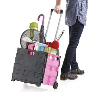 inspired living ultra-slim rolling collapsible storage pack-n-roll utility-carts, with telescopic handle, for home, garden, shopping, office, school use, medium, pink & black