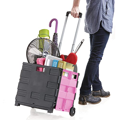 Inspired Living Ultra-Slim Rolling Collapsible Storage Pack-N-Roll Utility-carts, with Telescopic Handle, for Home, Garden, Shopping, Office, School use, Medium, Pink & Black