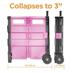 Inspired Living Ultra-Slim Rolling Collapsible Storage Pack-N-Roll Utility-carts, with Telescopic Handle, for Home, Garden, Shopping, Office, School use, Medium, Pink & Black