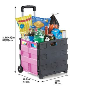 Inspired Living Ultra-Slim Rolling Collapsible Storage Pack-N-Roll Utility-carts, with Telescopic Handle, for Home, Garden, Shopping, Office, School use, Medium, Pink & Black