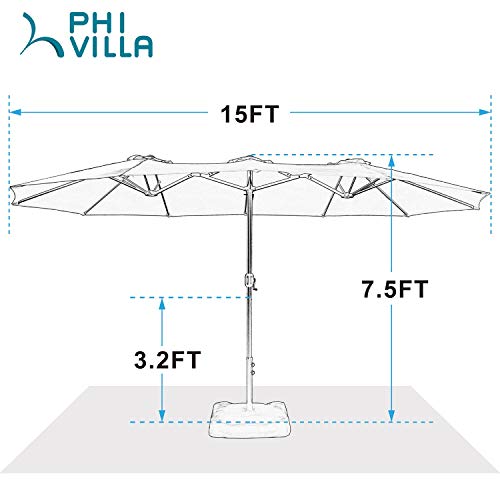 PHI VILLA 15ft Patio Umbrellas, Outdoor Market Extra Large Umbrella wirh Base, Rectangle Long Double-Sided Umbrella for Yard Lawn Garden(Beige)