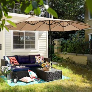 PHI VILLA 15ft Patio Umbrellas, Outdoor Market Extra Large Umbrella wirh Base, Rectangle Long Double-Sided Umbrella for Yard Lawn Garden(Beige)