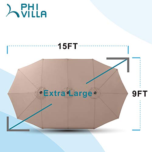 PHI VILLA 15ft Patio Umbrellas, Outdoor Market Extra Large Umbrella wirh Base, Rectangle Long Double-Sided Umbrella for Yard Lawn Garden(Beige)