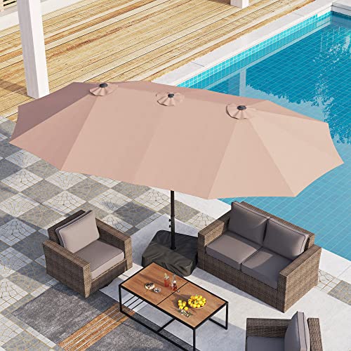 PHI VILLA 15ft Patio Umbrellas, Outdoor Market Extra Large Umbrella wirh Base, Rectangle Long Double-Sided Umbrella for Yard Lawn Garden(Beige)