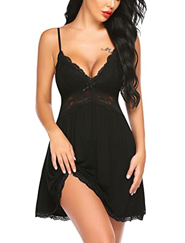 Avidlove Sexy Sleepwear for Women Chemise Nightgown Slip Lingerie Dress V-Neck Night Gown (Black, M)