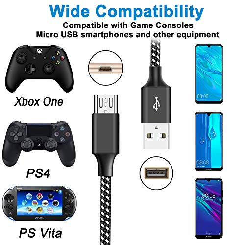 PS4 Controller Charger Cable 3-Pack 6FT for Xbox One Controller,Dualshock 4,PS4 Charging Cord,Nylon Braided Micro USB Data Sync Cable for Xbox One S/X,Playstation 4,PS4 Slim/Pro,Charge and Play Wire