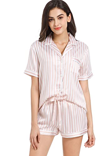 Serenedelicacy Women's Satin Pajama Set 2-Piece Sleepwear Loungewear Button Down Short Sleeve PJ Set (Medium, Light Pink/Ivory, Stripe)