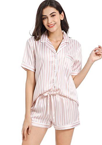 Serenedelicacy Women's Satin Pajama Set 2-Piece Sleepwear Loungewear Button Down Short Sleeve PJ Set (Medium, Light Pink/Ivory, Stripe)