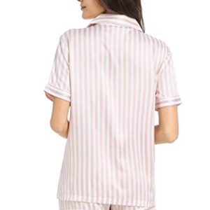 Serenedelicacy Women's Satin Pajama Set 2-Piece Sleepwear Loungewear Button Down Short Sleeve PJ Set (Medium, Light Pink/Ivory, Stripe)