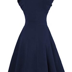 IHOT Women's Cocktail Dress Vintage Ruffle Floral Flared A Line Swing Casual Party Dresses with Pockets Navy Blue Large