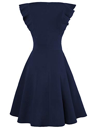 IHOT Women's Cocktail Dress Vintage Ruffle Floral Flared A Line Swing Casual Party Dresses with Pockets Navy Blue Large