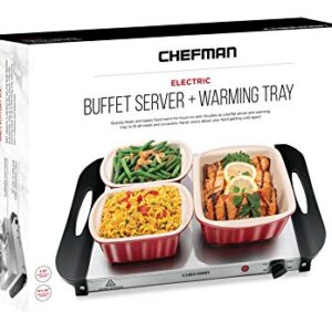 Chefman Electric Buffet Server + Warming Tray w/Adjustable Temperature & 3 Chafing Dishes, Hot Plate Perfect for Holidays, Catering, Parties, Events & Home Dinners, 14" x 14" Surface, Stainless Steel