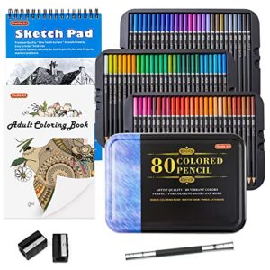 80 colored pencils, shuttle art soft core coloring pencils with coloring book, sketch pad and sharpener, premium color pencils for adult coloring, sketching and drawing, art supplies for kids & adults