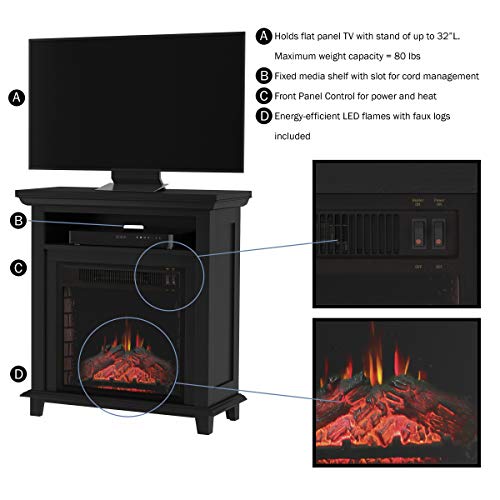 29-Inch Tall Electric Fireplace TV Stand – Freestanding Entertainment Console with Shelf, Faux Logs and LED Flames by Northwest (Black)