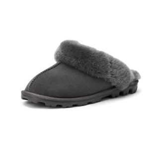 waysoft genuine australian sheepskin women slippers, water-resistant warm and fluffy outdoor house slippers for women (7, grey, numeric_7)