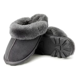 WaySoft Genuine Australian Sheepskin Women Slippers, Water-Resistant Warm and Fluffy Outdoor House Slippers for Women (7, Grey, numeric_7)