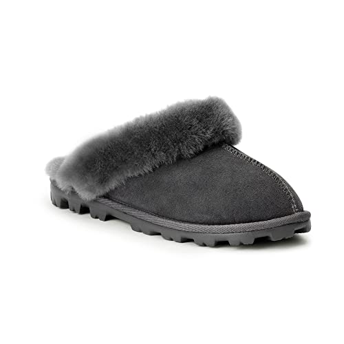 WaySoft Genuine Australian Sheepskin Women Slippers, Water-Resistant Warm and Fluffy Outdoor House Slippers for Women (7, Grey, numeric_7)