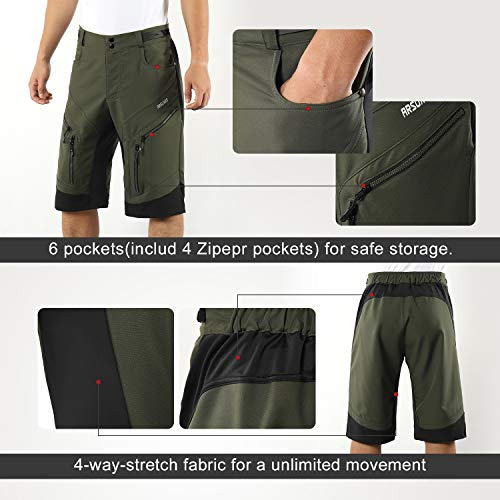 ARSUXEO Men's Loose Fit Cycling Shorts MTB Bike Shorts Water Ressistant 1903 Army Green Size Large