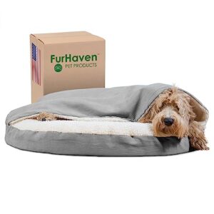 furhaven 35" round orthopedic dog bed for large/medium dogs w/ removable washable cover, for dogs up to 50 lbs - sherpa & suede snuggery - gray, 35-inch